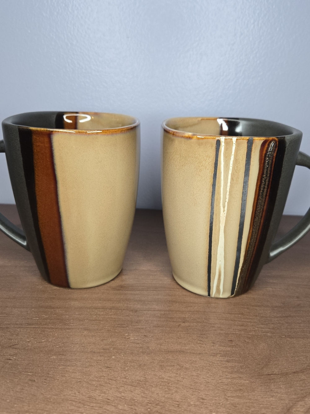 Home Trends Bazaar Brown Stoneware Square Tan Stripes 16 oz Cups Mugs Set of 2